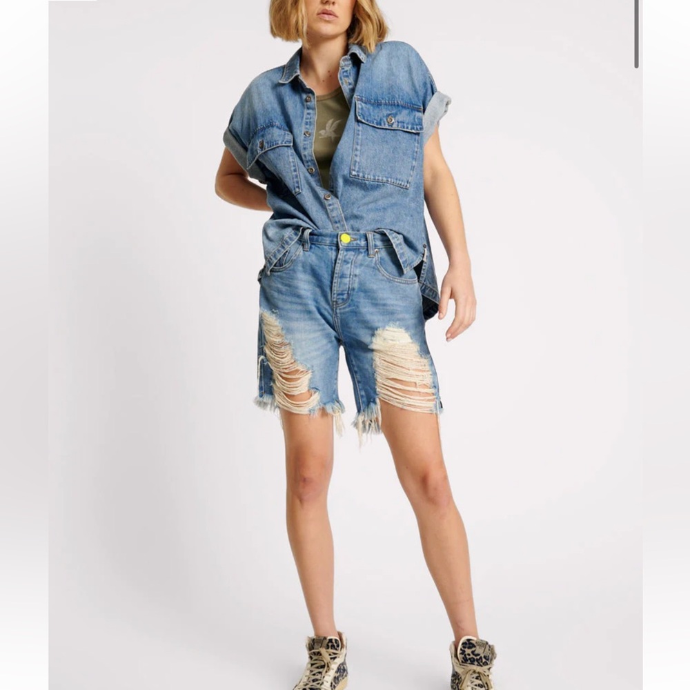 One Teaspoon Stevies High Waist Long Length Boyfriend Denim Shorts Blue Rapture